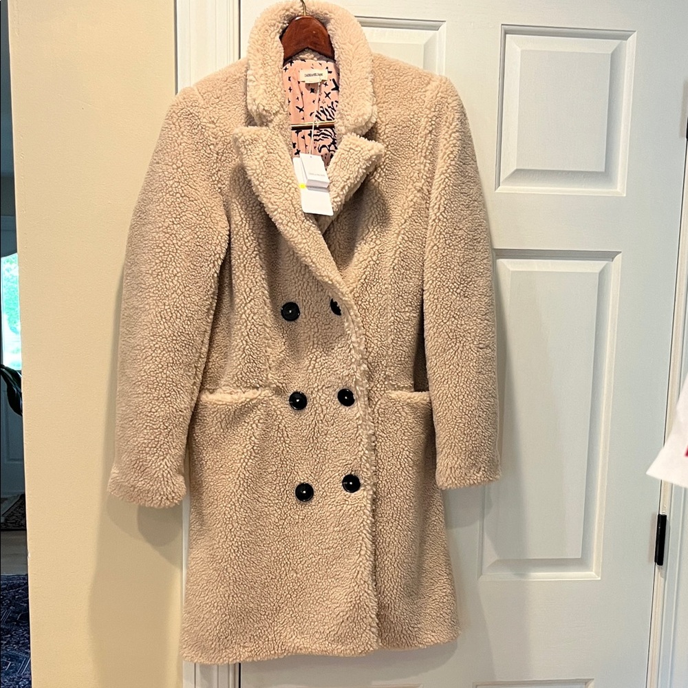 NWT Zadig & Voltaire Tan Double-Breasted Faux Fur Coat